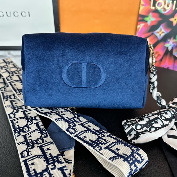 Dior Bags Dior Blue Velvet Pouch Crossbody With Strap And Bag Charm